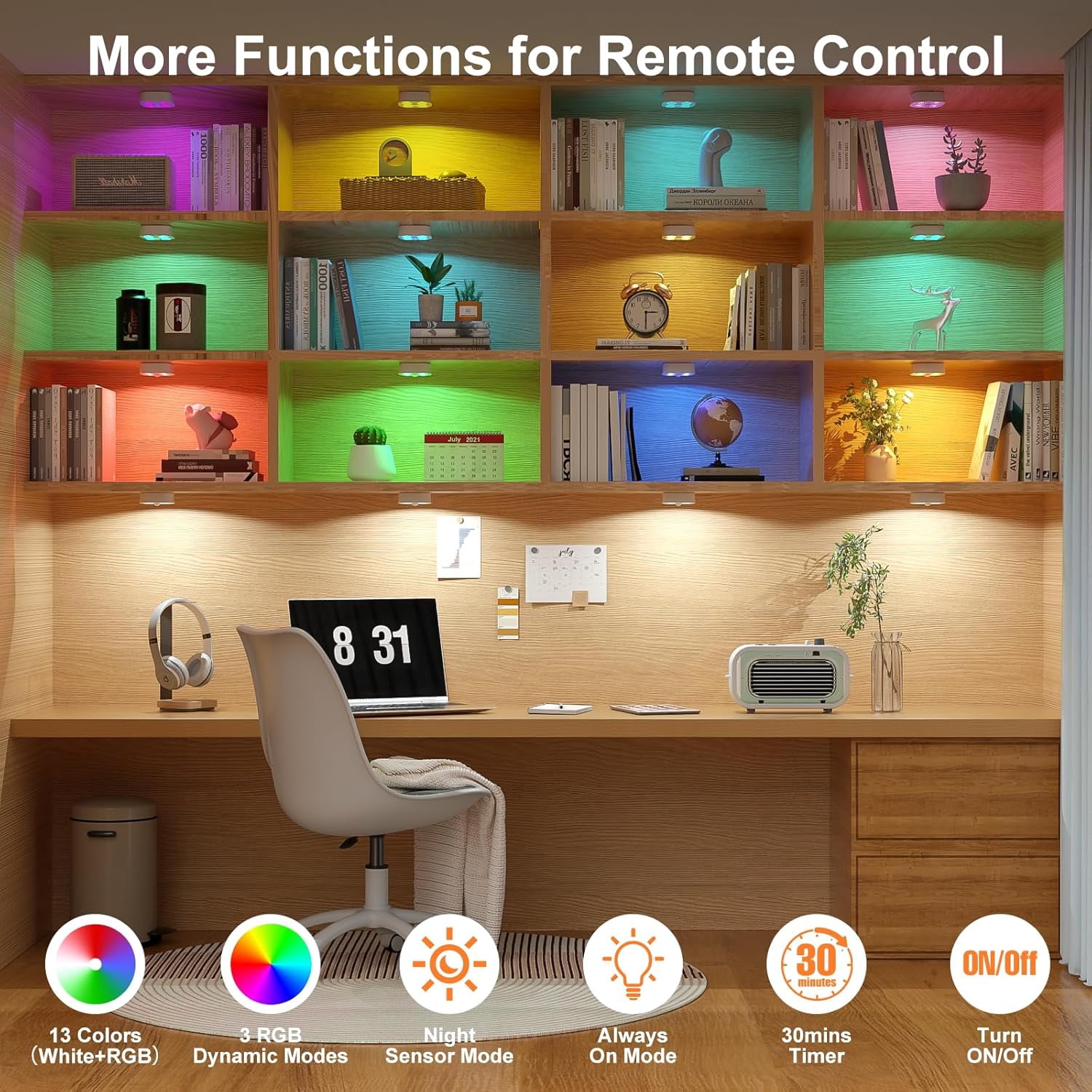 Wireless LED Puck Lights, Motion Sensor Lights Indoor, Rechargeable Stair Lights with Remote Control, 3 RGB Cabinet Lights Change Modes, Suitable for Stairs, under Closet, Bedroom, Kitchen,White