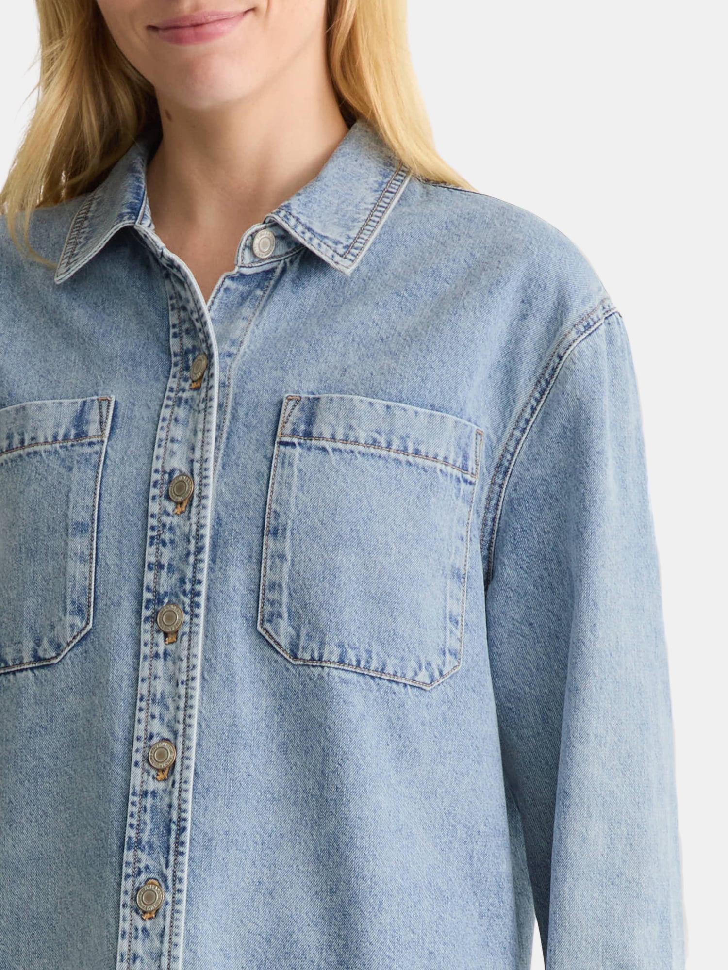 Time and Tru Women's Denim Overshirt with Long Sleeves, Sizes XS-XXXL