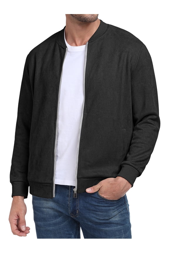 Men's Casual Varsity Jacket Vintage Suede Bomber Jackets Lightweight Outerwear Coat Black L