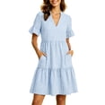 thumbnail image 2 of Holidays Dresses for Women Ndbuld Women's Summer Striped V-neck Pleated Casual Mini Beach Dress With Pockets Light Blue XXL, 2 of 9