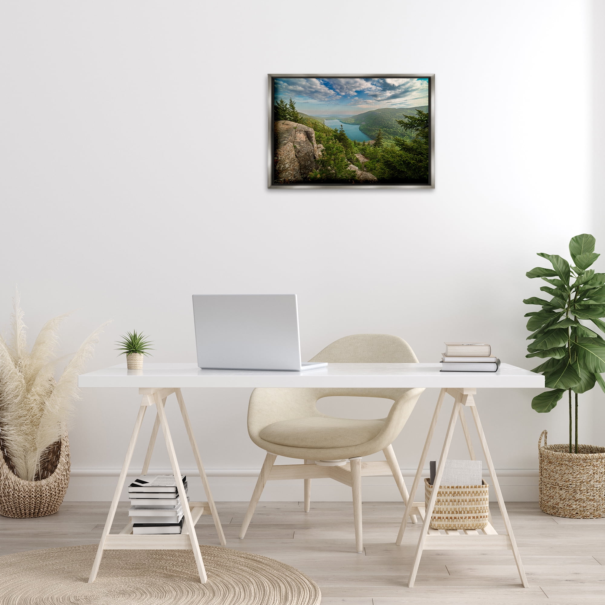 Stupell Industries Lake View Over Mountains Landscape & Nature Photography Gray Floater Framed Canvas Art Print Wall Art, 25 x 17