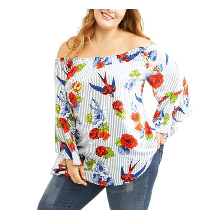 Junior's Plus Off Shoulder Stripe Peasant Top with Floral Detail