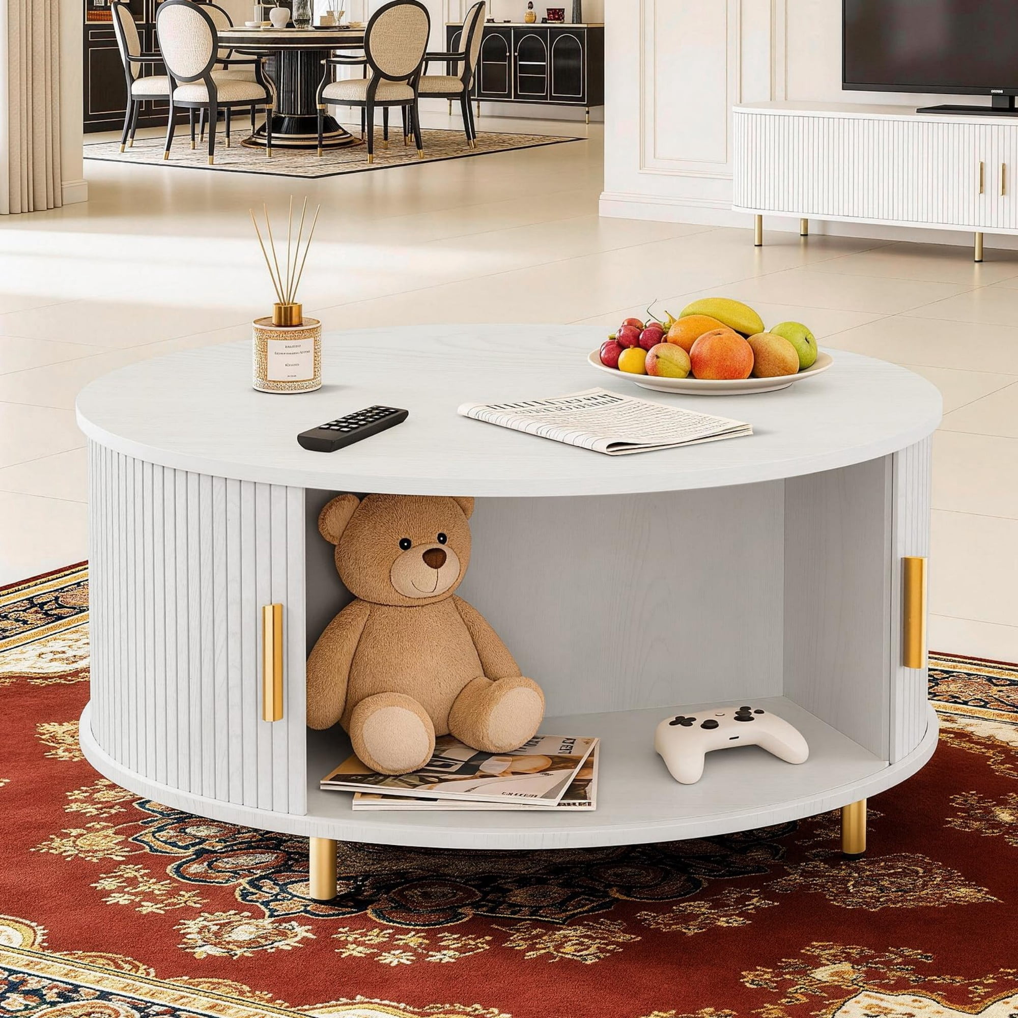 31.5" Round Coffee Table, Mid Century Modern Fluted Coffee Table with 360° Sliding Tambour Door & Storage, White