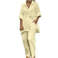thumbnail image 3 of BiZtdJrK Cotton Linen Solid Casual Sets for Women Asjustable Sleeve Button Down Blouse Tops and Pants Set Summer Work 2 Piece Outfits with Pockets, 3 of 8