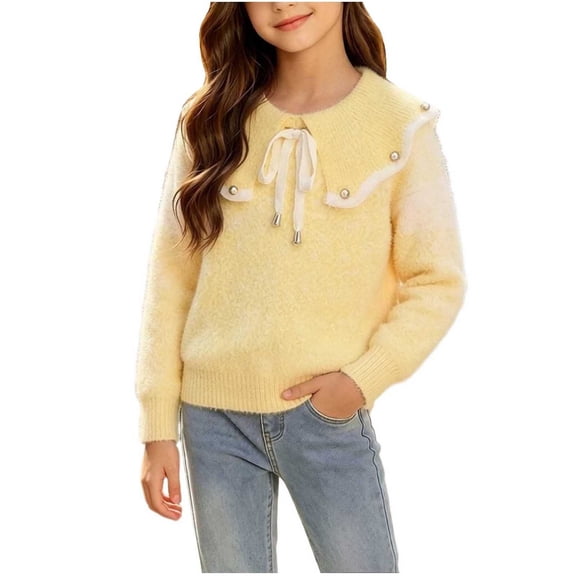 BLVB Girls Fall Winter Clothes Long Sleeve Collared Sweaters Cute Knit Tops Comfy Warm Pullover(Yellow,11-12 Years)
