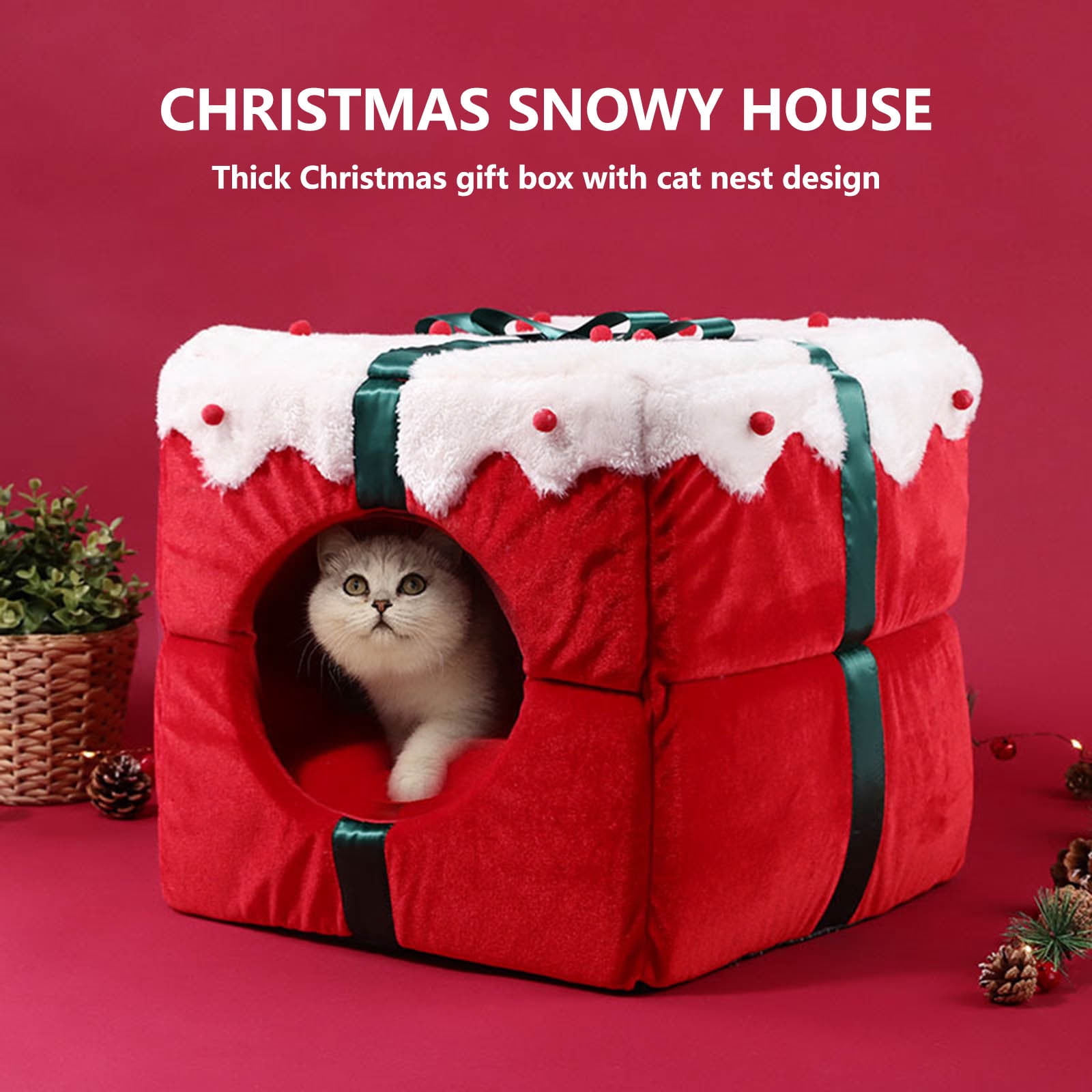 Matoen Christmas Cat Beds for Indoor Cats - Large Cat Cave for Pet, Foldable Santa Cat Hideaway