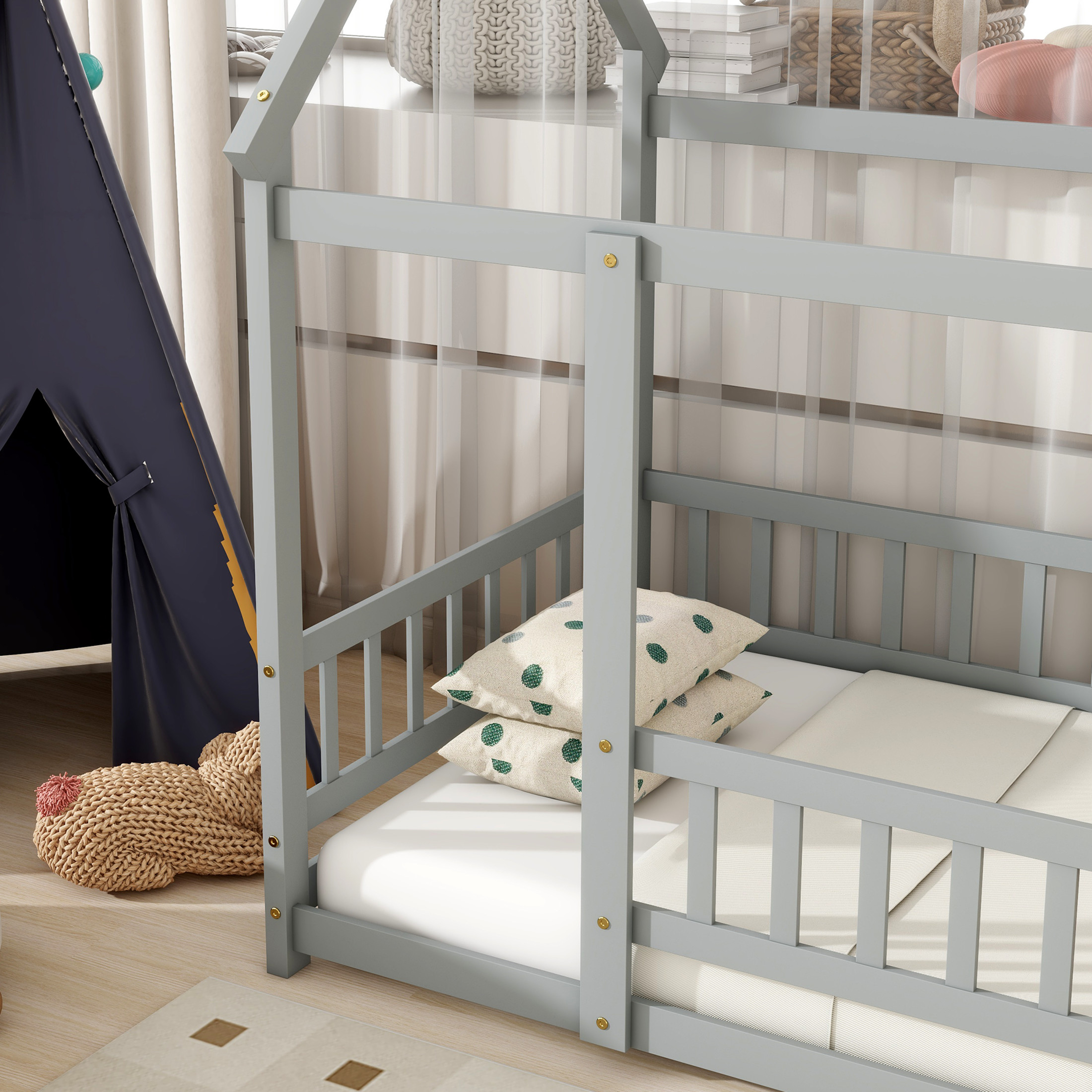 Noble House Gaiety Twin Size House Floor Bed for Kids, Rubber Wood Frame with Roof and Fence Guardrails, Grey