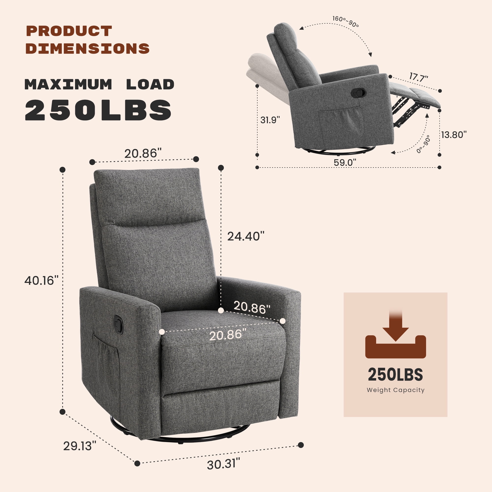 GIANNA Comfortable Swivel Recliner Chair with Extra Large Footrest & High Back – Upholstered Nursery Rocker for Living Room, Deep Seat Glider Recliner, Grey