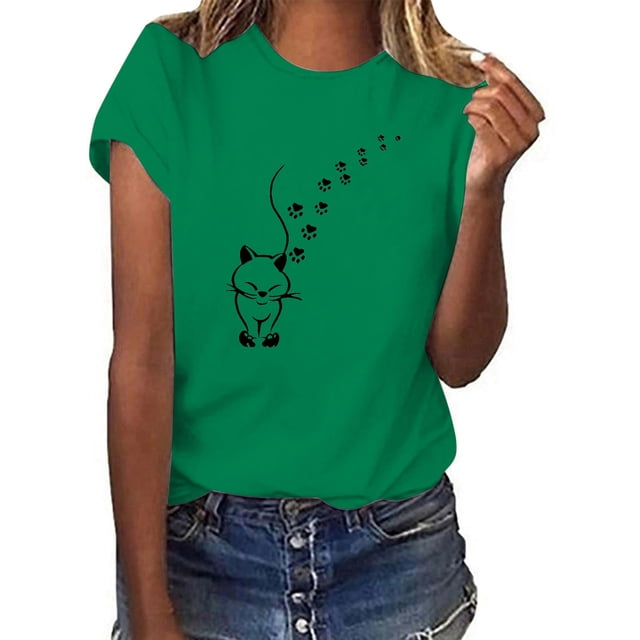 Fartey T-Shirts Graphiques Mignons pour Femmes Tendance Été Manches Courtes Col Rond Blouses Décontractées Amples T-Shirts Quotidiens Doux Confortables Hauts d'Entraînement 2025 Vert P-3TG