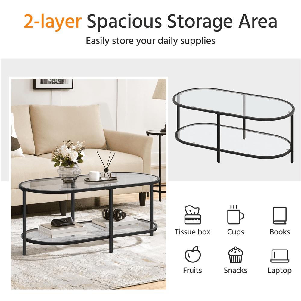 Alden Design Two-layer Modern Oval Glass Coffee Table for Living Room