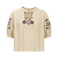 thumbnail image 5 of Women's Short Sleeve T-shirt Embroidered Tops For Women Floral Cotton Linen Tunic Tshirt Tee Women 3/4 Sleeve V Neck Button Boho Ethnic,Beige Women's Short sleeve T-shirt XL, 5 of 6