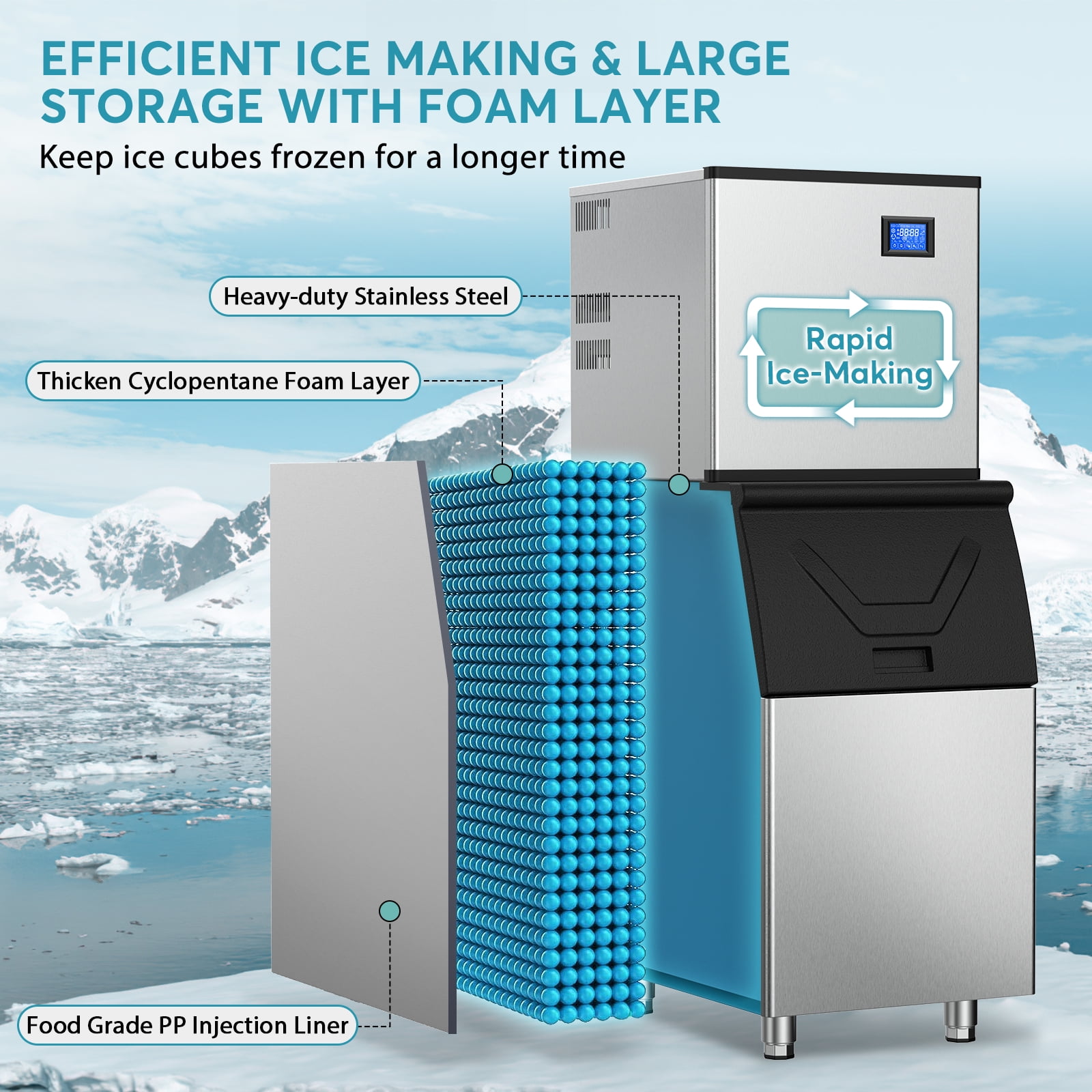 TITTLA 600Lbs/24H Commercial Ice Maker Machine,300 Lbs Storage,182 Ice Cubes in 12-15 Mins,Stainless Steel Industrial Ice Maker for Restaurant Bar Cafe Commercial Use