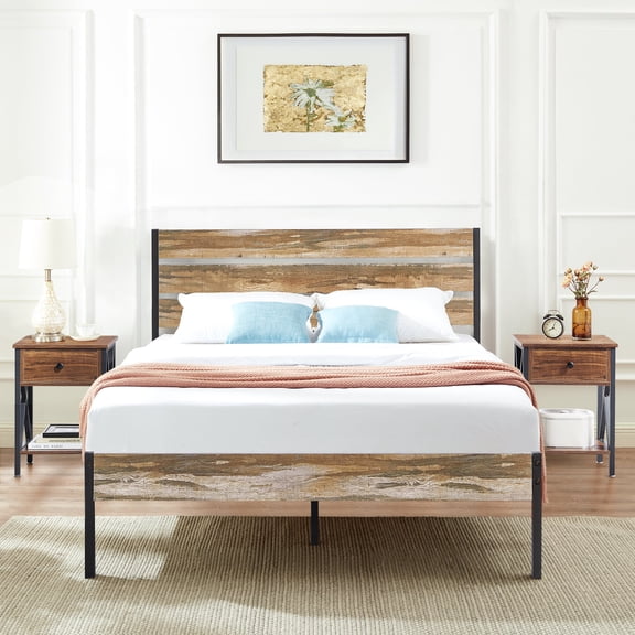 VECELO 3-piece Bedroom Set Include Queen Bed Frame with 2 Nightstands, Slate&Brown