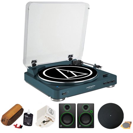 Audio-Technica Fully Automatic Wireless Belt-Drive Stereo Turntable - Navy (AT-LP60NV-BT) w/ Record Cleaning System, Stylus for AT-LP60 + Multimedia Monitor (Pair) + Silicone Turntable Platter Mat