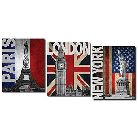 Beautiful Flag and Monument New York, Paris and London Prints; Three 8x10in Poster Prints