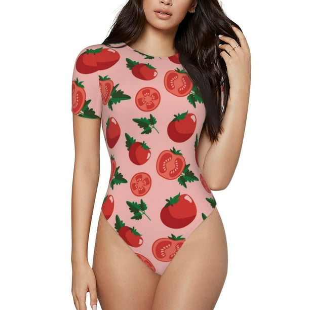 Balery Tomatoes Body de cuello redondo de manga corta para mujer Tops de manga corta Tops básicos-Large