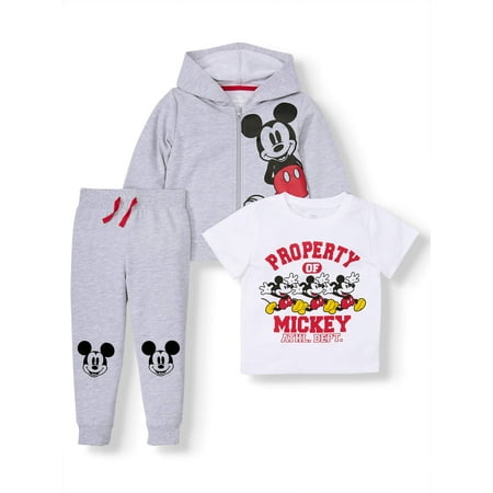 Mickey Mouse Zip Up Hoodie, Short Sleeve Graphic T-shirt & Drawstring Joggers, 3pc Outfit Set (Toddler Boys)
