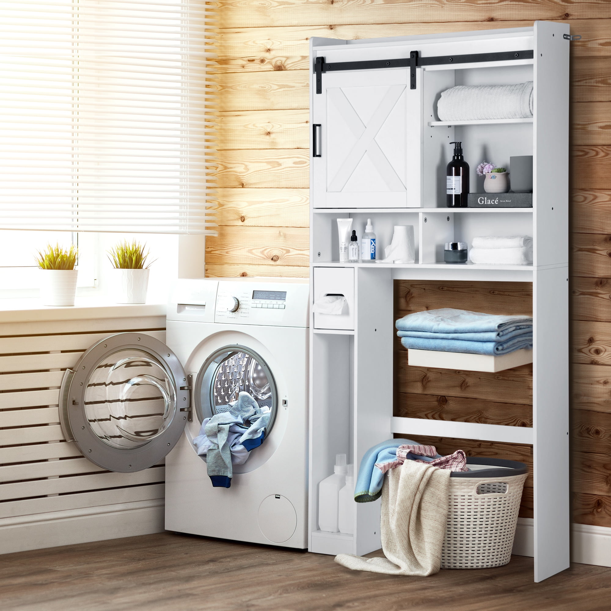 Evmore Over the Toilet Storage Cabinet, Freestanding Bathroom Organizer with Adjustable Shelves, Waterproof, 65" H x 32" D x 7.7" W, White