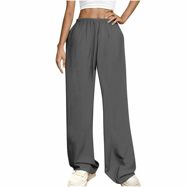FNFYFH Clearance Womens Cotton Linen Pants Drawstring Elastic Waisted Pant Solid Wide Leg Trousers,Blue