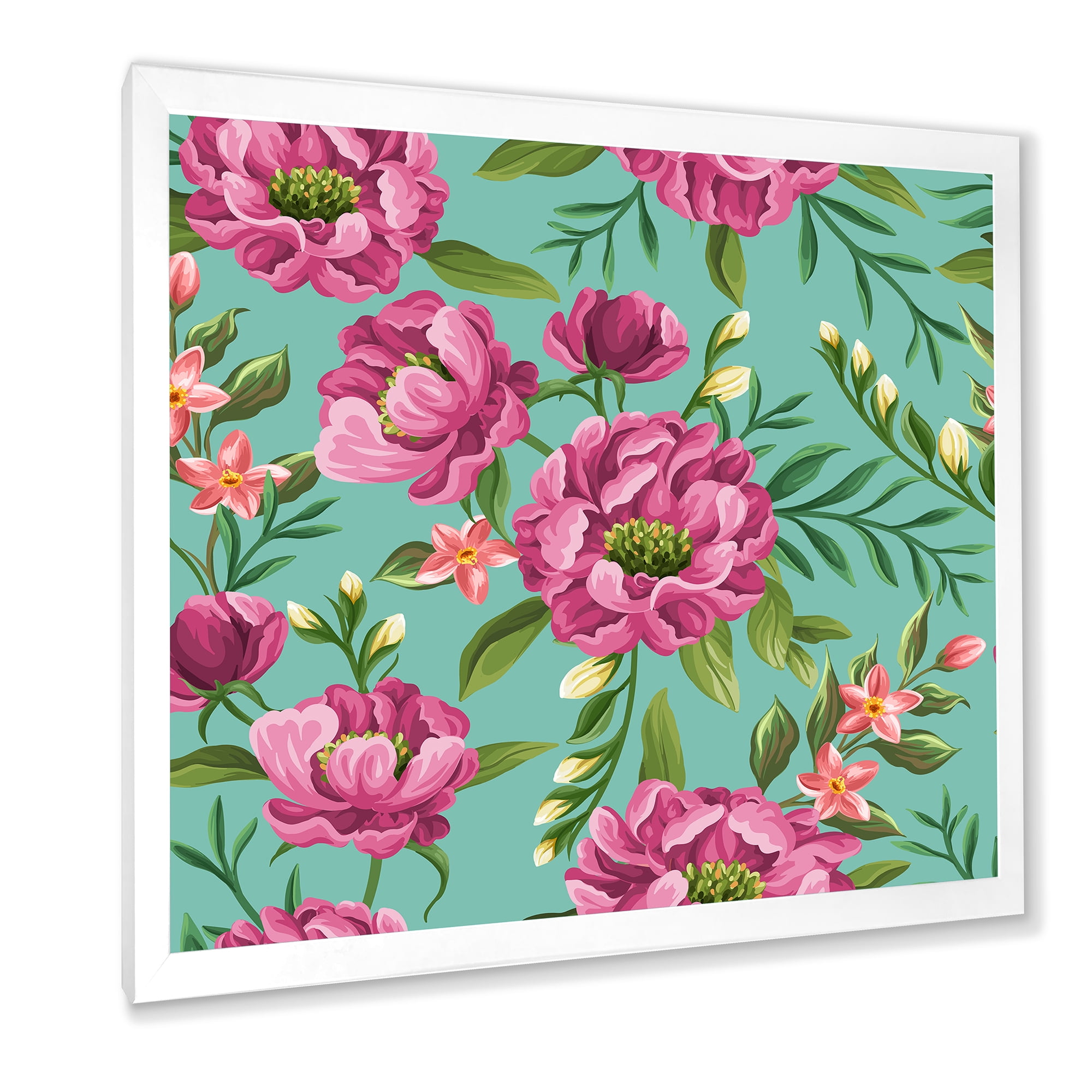 Designart 'Fuchia Pink Flowers On Green VIntage' Traditional Framed Art Print