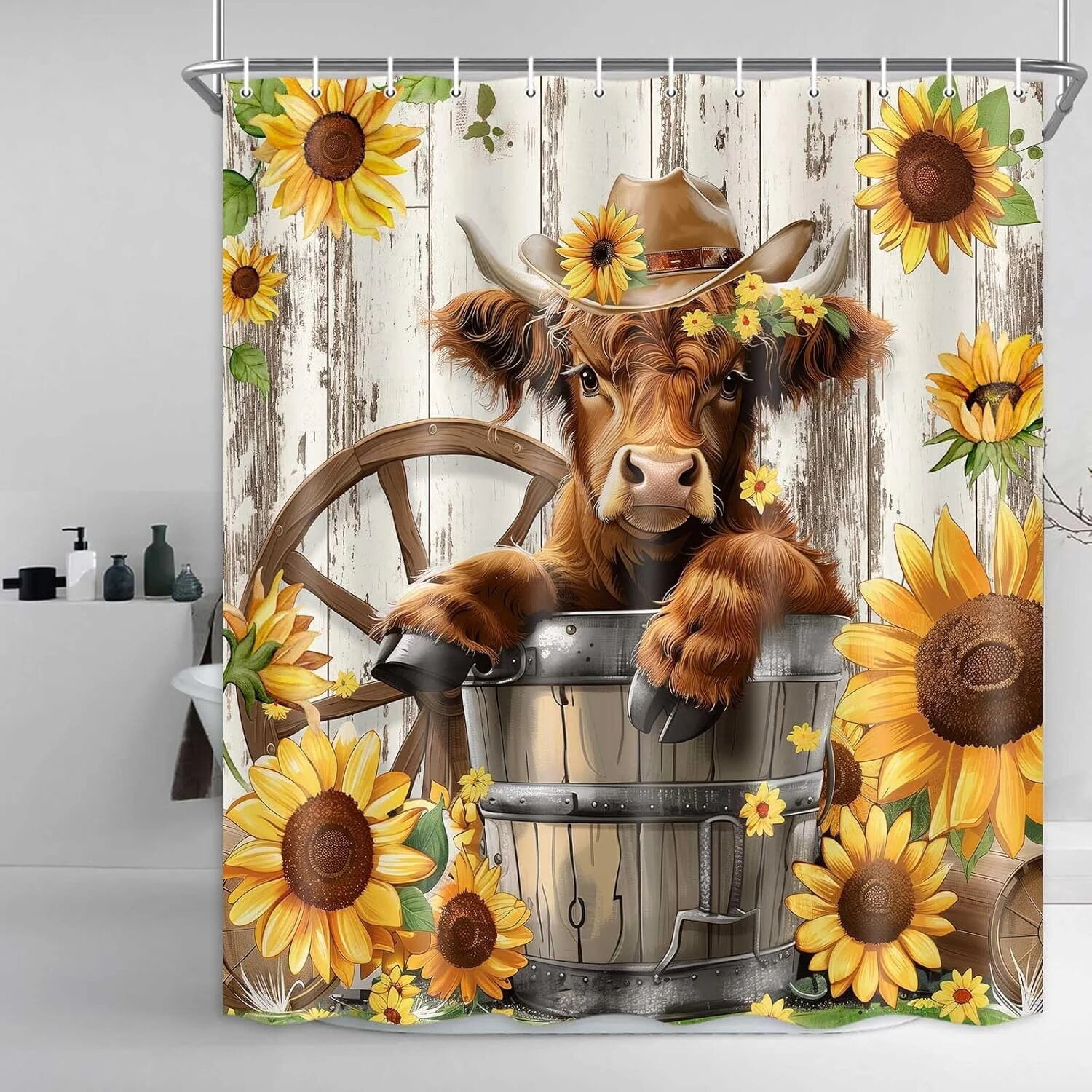Farmhouse Highland Cow Shower Curtain, Rustic Cow Shower Curtain Set Farmhouse Bull Sunflower Bathroom Curtain Decor, Waterproof Western Farm Country Bull Bathroom Curtain With Hooks,70X75 Inch