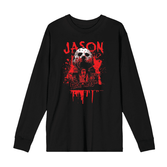 Friday The 13th Blood Splatter Jason Mask Crew Neck Long Sleeve Unisex Adult Tee-Medium