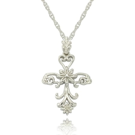 Precious Moments Sterling Silver Diamond Cross with Flower Design Pendant with Chain, 18