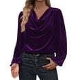 thumbnail image 3 of JURANMO Women Elegant Velvet Tops Cowl Neck Drape Ruched Long Sleeve Shirts Dressy Casual Blouse Fashion Fall T Shirt Purple XXL, 3 of 7