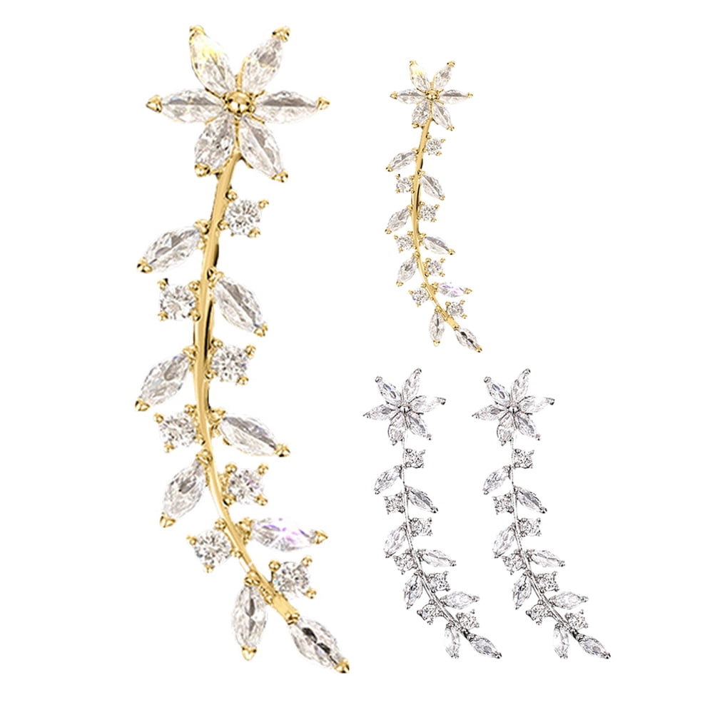 WORGEOUS 2 Pairs Sparkling Flower Ear Crawler Earrings for Women, Rhinestone Bridal Jewelry, Perfect for Weddings and Holidays