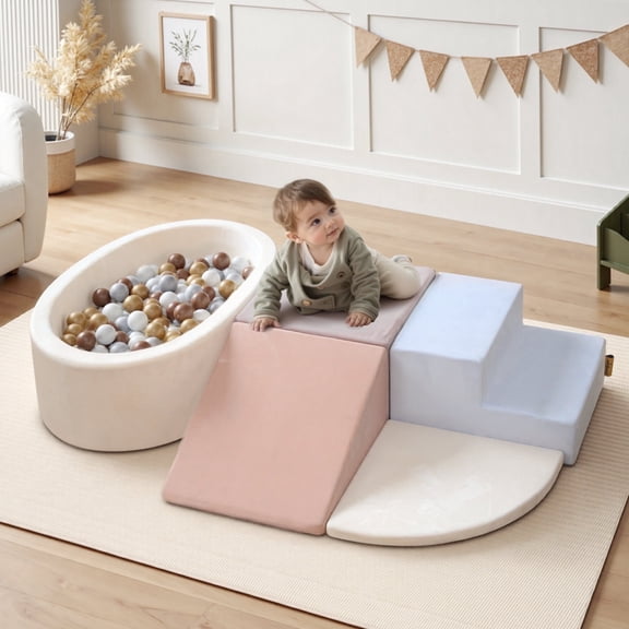 Toddler Climbing Toys with Ball Pit – Foam Climber Blocks for Indoor Soft Play, Educational Playground Climber and Kids Playhouse in Blue & Pink;