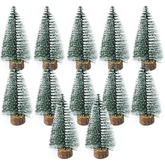 12pcs 4inch Mini Christmas Tree Bottle Brush Chrismas Village Trees Miniature Chrismas Tree Decoration-Plastic Christmas Trees with Wooden Base