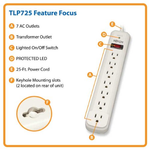Tripp Lite 7 Outlet Surge Protector Power Strip, Extra Long Cord 25 ft., 1080 Joules, Lifetime Limited Warranty & $25K INSURANCE (TLP725) Light Gray