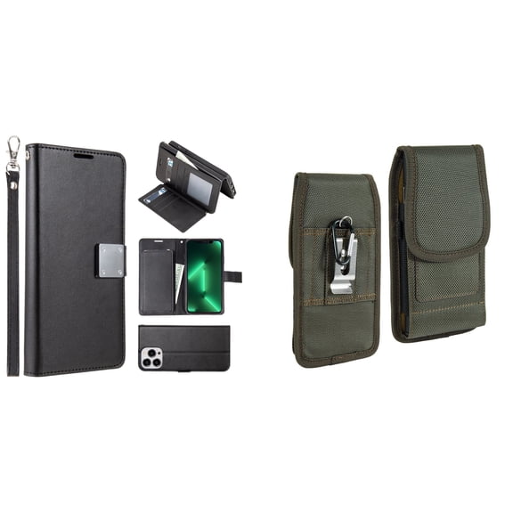 Bemz Pocket Clutch Wallet Case and Belt Holster Pouch for iPhone 14 Pro (Black/Green)