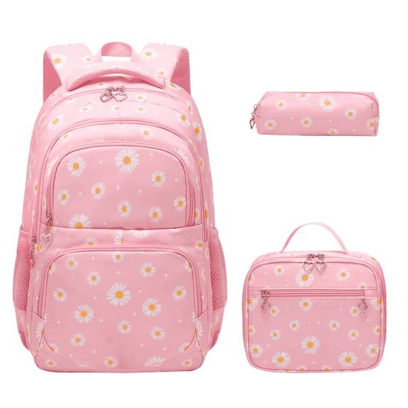 GASTROPOD Girls Backpack Set with Insulated Lunch Bag and Pencil Case, Water-Resistant Nylon School Bag with Bottle Holder for Teen Girls Middle High School, Daisy Pink