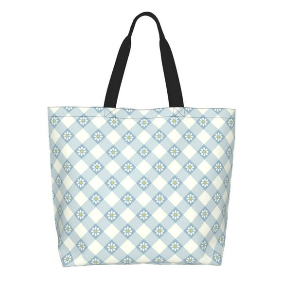 Gaeub Daisy Plaid Blue Tote Bags for Women,Large Capacity Bag Reusable Grocery Shoulder Bag with Inner Pockets