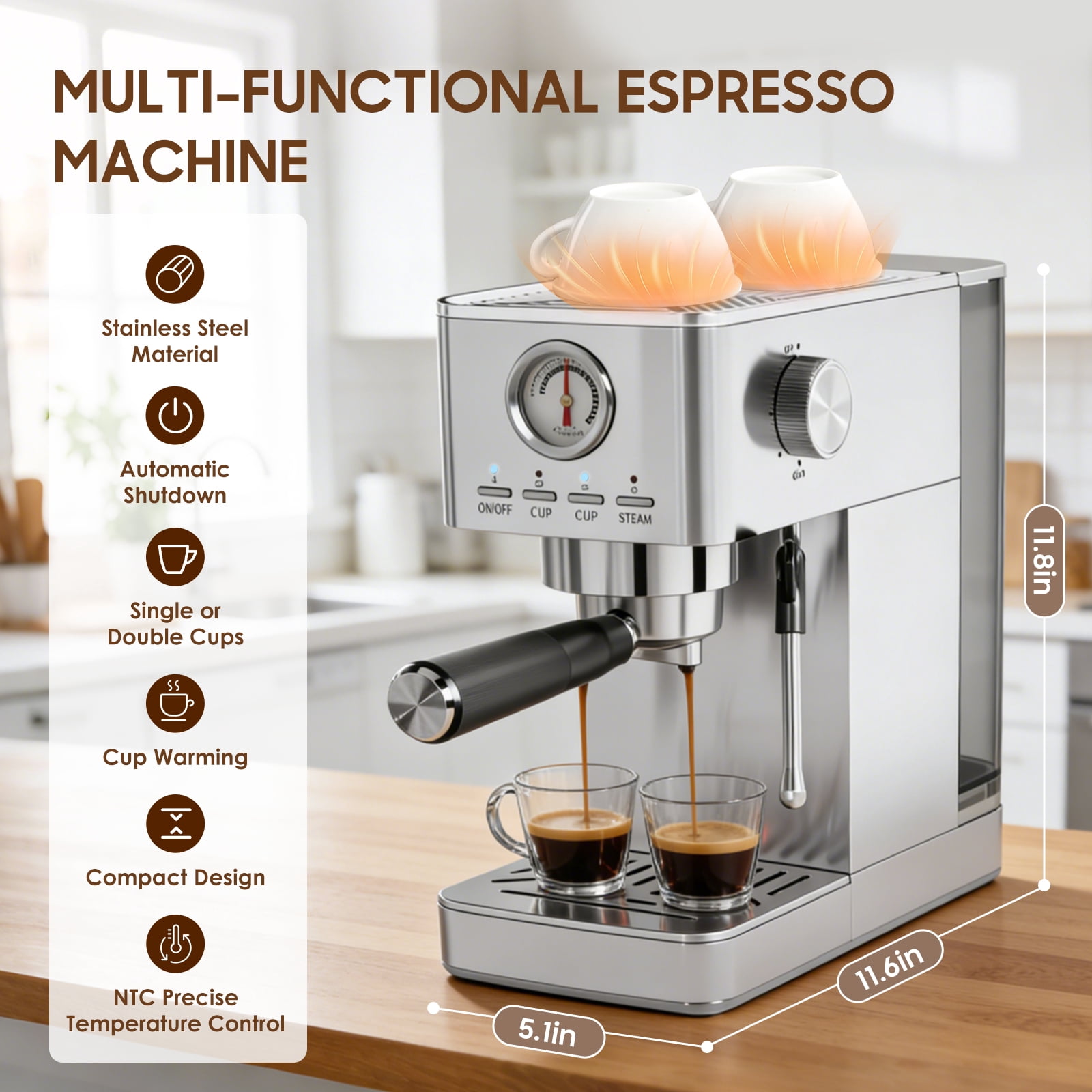 Espresso Machine, 20 Bar Visible High Pressure Gauge, 47 OZ Water Tank with Milk Frorther Silver, Automatic Stainless Steel Espresso Maker, Gift for Coffee Machine Enthusiasts