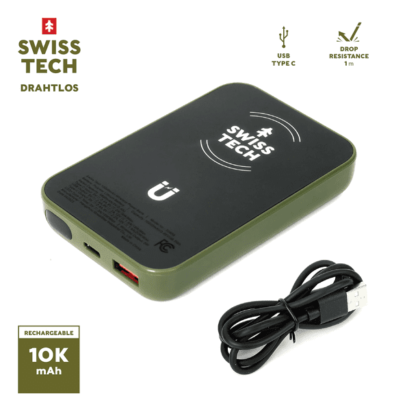 Swiss Tech Portable Power Bank, 10000mAh, Wireless Charging, Magnetic Attachment, Fast Charge Compatible