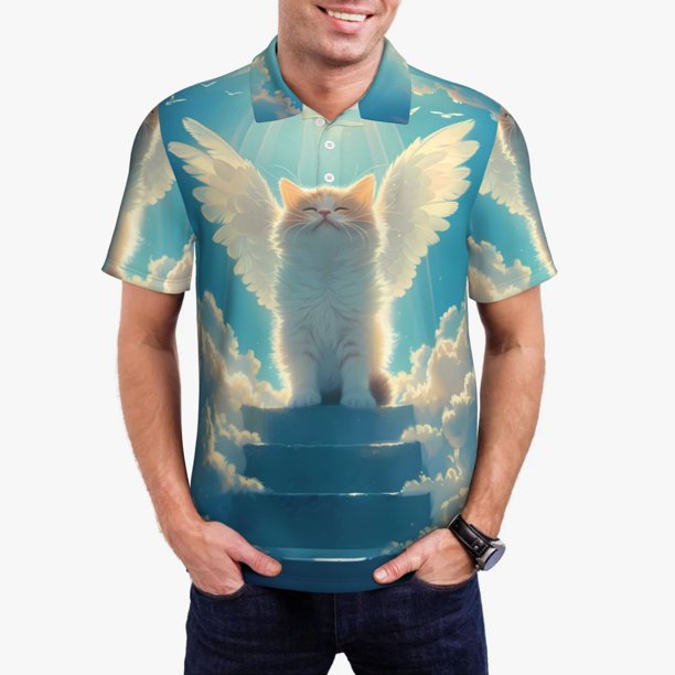Fotbe Sunshine Cute Winged Cat Camiseta Polo de Golf para Hombre con Estampado – Camisa Deportiva Transpirable con Cuello Abotonado-Medium