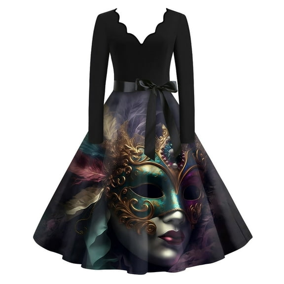 JGNGSHN Womens Mardi Gras Dresses Long Sleeve V Neck Mardi Gras Mask Printed Dresses Fashion Pleated Retro Hepburn Dress