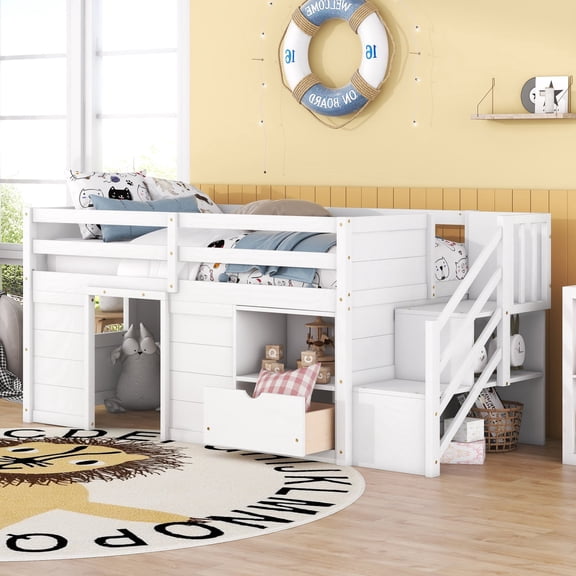 ChenyueFurn Twin Solid Wood Low Loft Bed with Stairs and Drawer,White