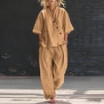 thumbnail image 2 of Ecqkame Two Piece Sets for Women Summer Casual Linen 3/4 Sleeve Top and Wide Leg Pants Lightweight Vacation Solid Color Outfit Set Khaki XXL, 2 of 8