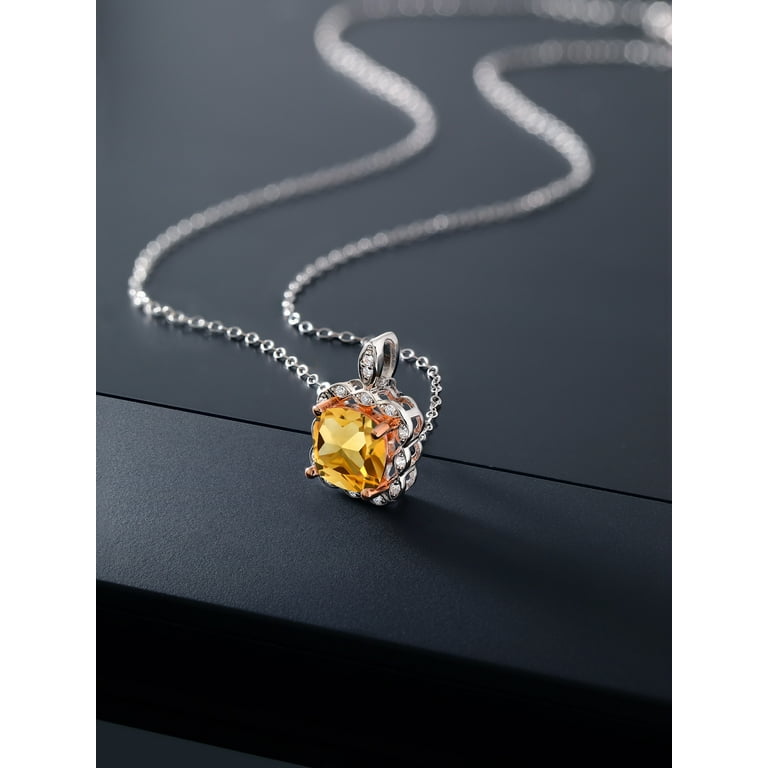 Sterling Silver Cushion Cut Citrine & Diamond Pendant 18 Sterling Silver Cushion Cut Citrine & Diamond Pendant 18
