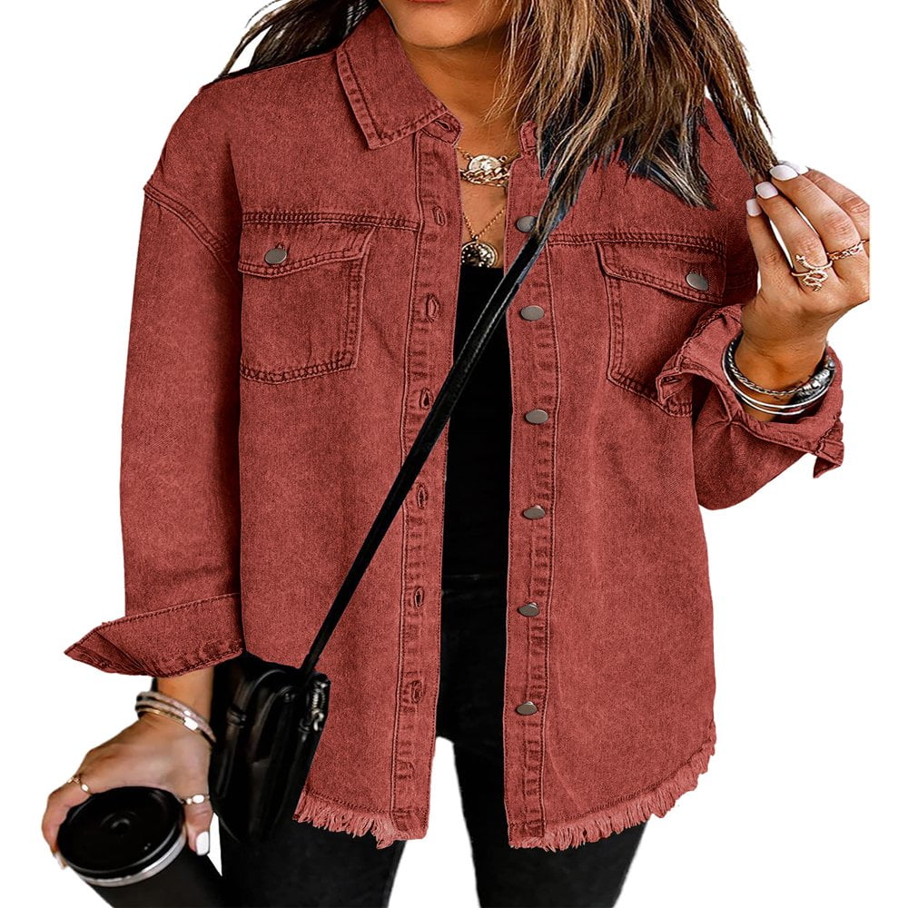 Vetinee Women s Oversized Button Up Frayed Hem Denim Jacket Button Down Long Sleeve Pockets Jean Jacket Size S 2XL Walmart