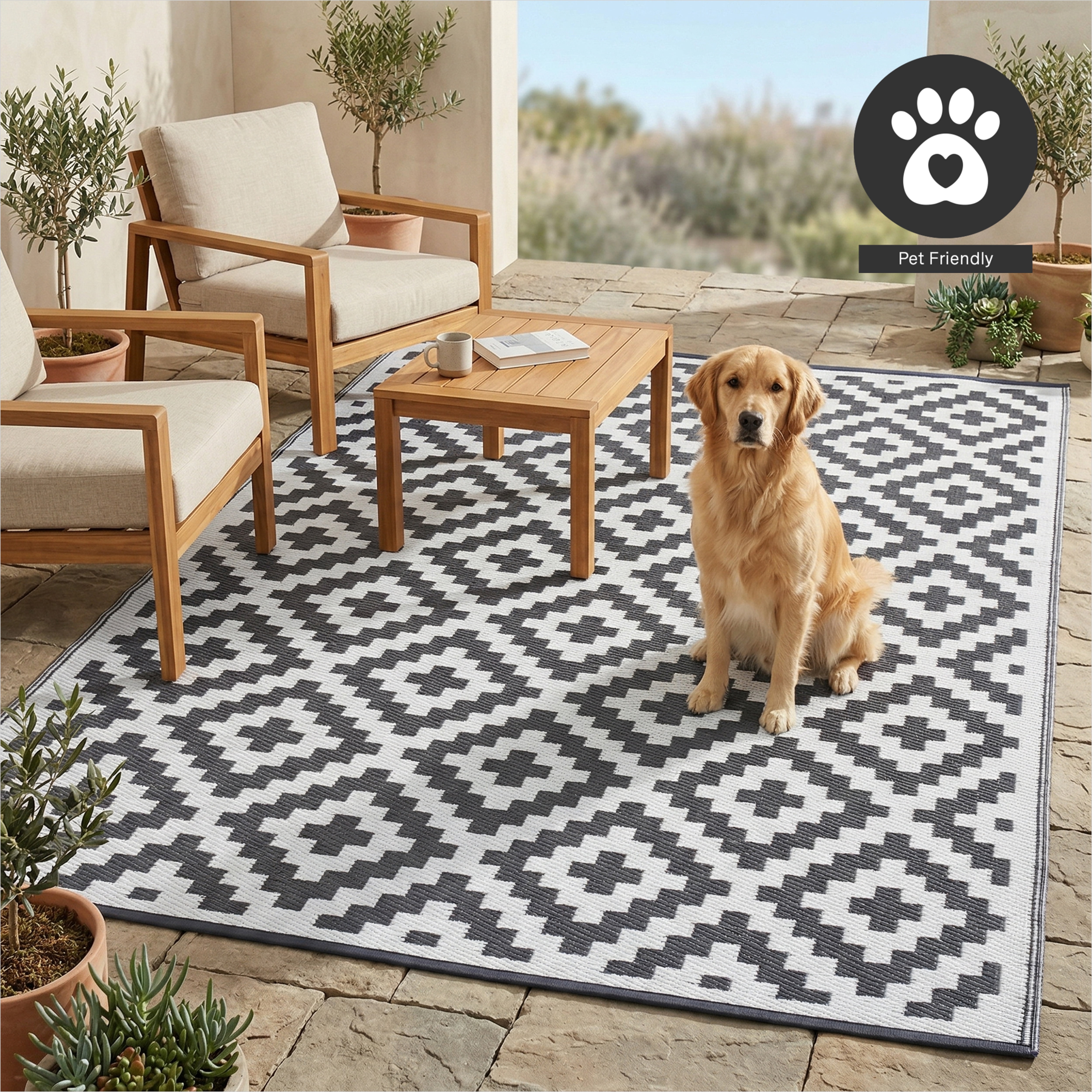 FH Home Outdoor Rug - Waterproof, Fade Resistant, Crease-Free - Premium Recycled Plastic - Geometric - Porch, Deck, Balcony, Mudroom, Laundry Room, Patio - Aztec - Gray & White - 3 x 5 ft