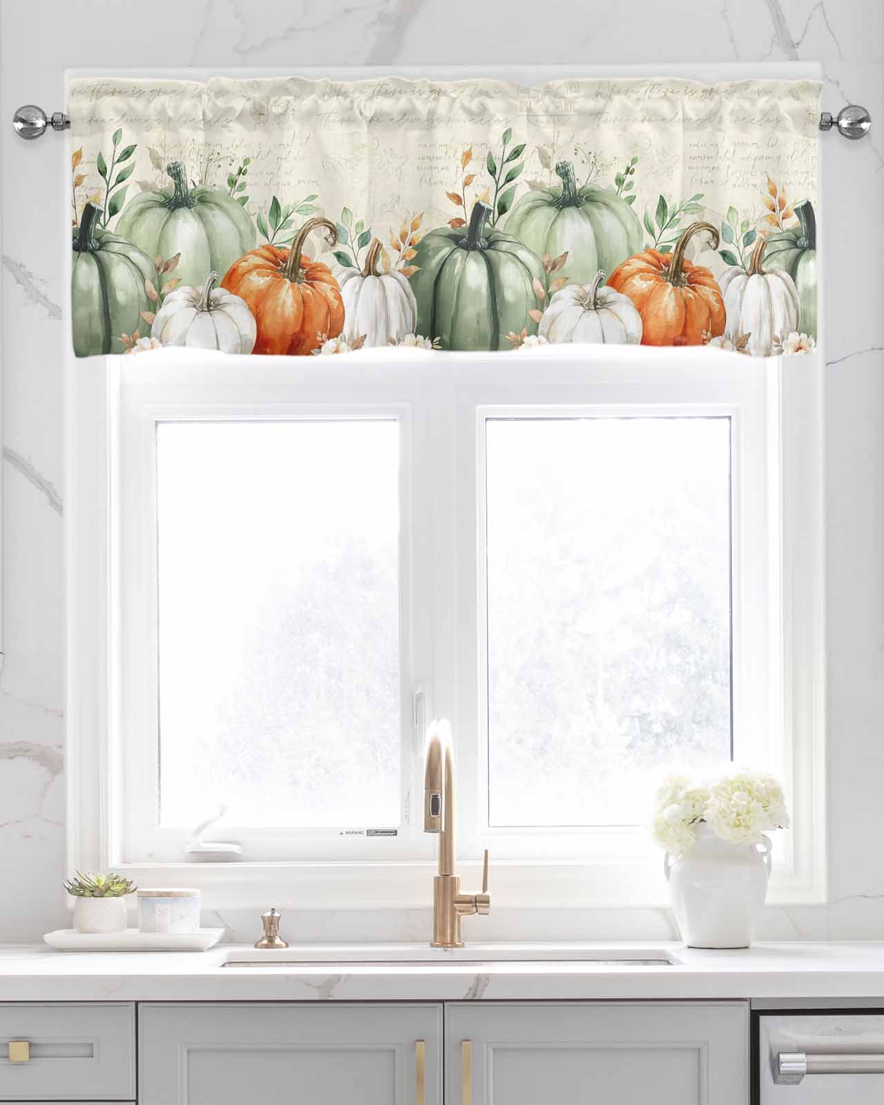 Sage Green Pumpkin Kitchen Valances for Windows Farmhouse Linen Window Valance Curtain for Living Room Window Treatment Thanksgiving Autumn Eucalyptus Valance Rod Pocket Topper Drape, 60 x 18 Inch
