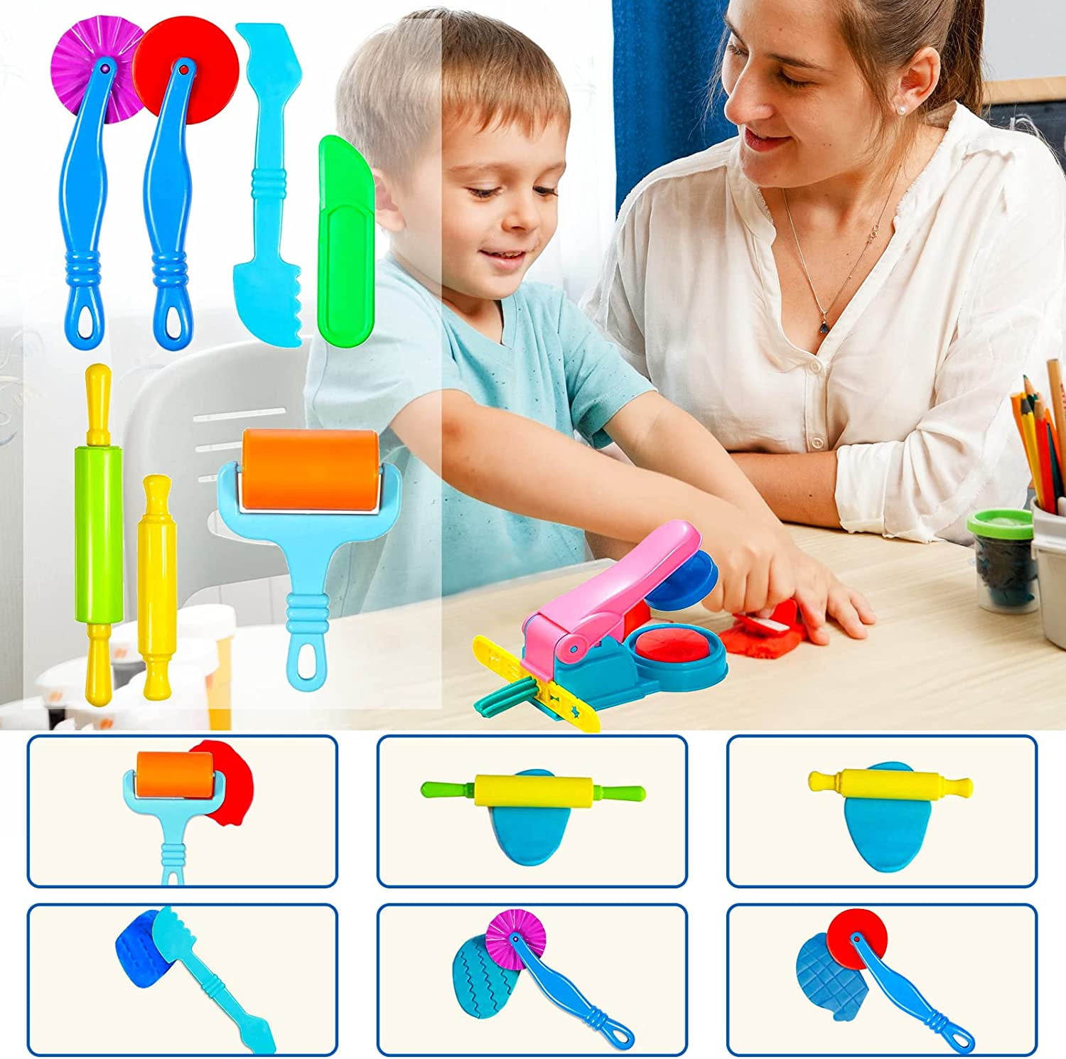  Dough Tool Sets for Kids Toddlers,Cute Dough Accessories with  Rolling Pin Dough Mat Storage Box,Party Pack Dough Toys for Kids Age 3-5  4-8,Educational Toys Gift for Birthday Christmas Boys Girls 