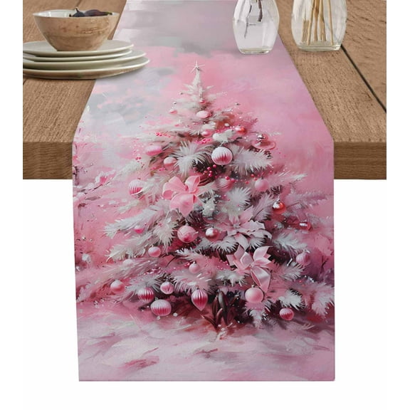 Pink Christmas Tree Burlap-Cotton Table Runner 70 Inches Long,Xmas Tree Oil Painting Farmhouse Table Runners,Outdoor Dining Tablecloths Decor for Baby Shower/Party/Wedding 13x70