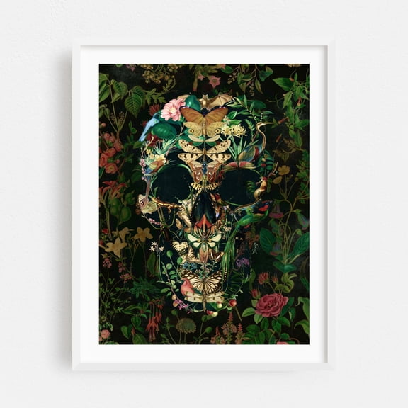 Papillon Skull - Mixed Media Surrealism Floral Botanical Psychedelic Nature Modern Art Tropical White Framed Wall Art Print 16 x 20 inches
