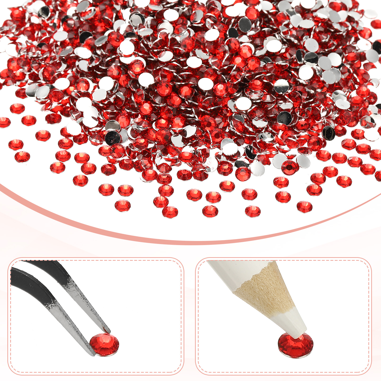 1-Set Resin Flatback Rhinestone, 3mm Flat Back Rhinestones Crystals Bulk for Crafts/Clothes/Nail Decoration, 50000 Pack with 1 Wax Pen and 1 Tweezer [Red]