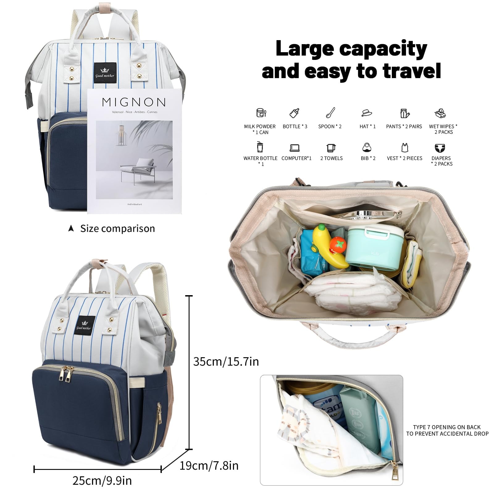 Diaper Bag Bacpack, HDJ Diaper Bag for Travel, Large Capacity Bacpack with Insulated Milk Bottle Pocket for Mommy,Navy